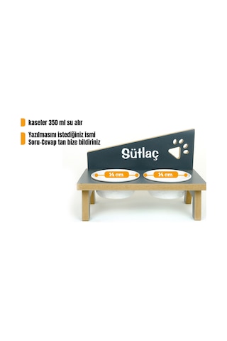 Özel Isimli Seramik Kedi-küçük Irk Köpek Mama Ve Su Kabı Stantı-antrasit 350 Ml.