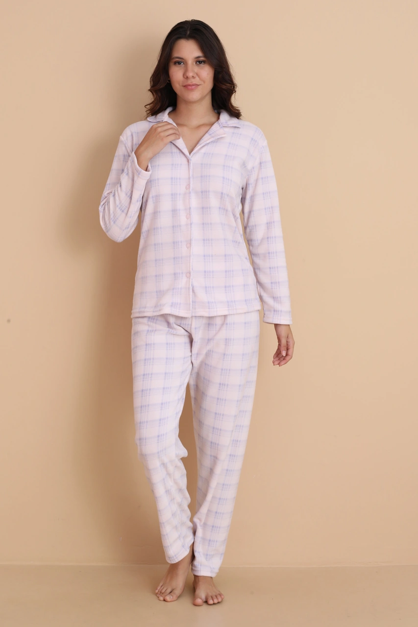 Fawn 1604 Boydan Düğmeli Polar Kışlık Kadın Pijama Takımı Pembe