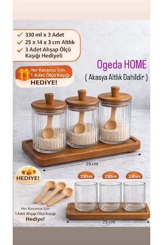 Ahşap Kapaklı Cam Baharat Seti 3 Lü 330 Ml - Mien Altlık Ve Kaşıklı 3'lü Baharat Seti Kahverengi - Şeffaf
