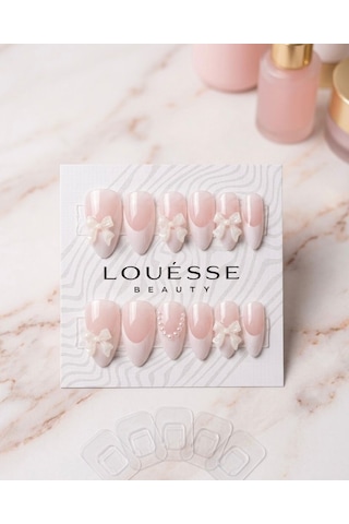 Louésse Blush Bow Takma Tırnak Pembe Kurdele İnci Detaylı Soft Nail 12'li