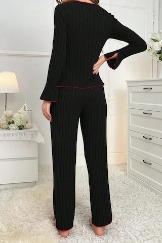 Moda Dua Kadın Siyah Kırmızı Biyeli Ve Fiyonklu Uzun Kollu Mevsimlik Pijama Takımı