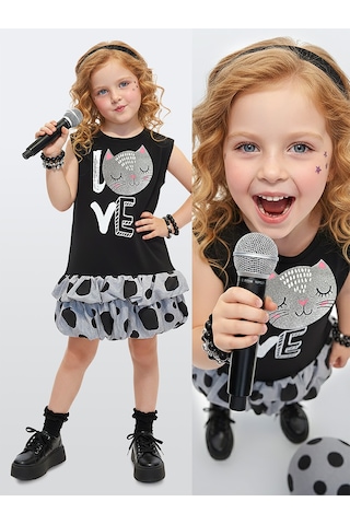 Denokids Kız Çocuk Elbise Siyah Kedi İlkbahar Yaz Sezonu 4-10 Yaş Çok Renkli