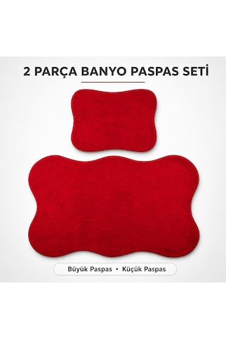 2 Li Banyo Paspası Halısı Seti Kaymaz Tabanlı Yıkanabilir Klozet Takımı Kırmızı