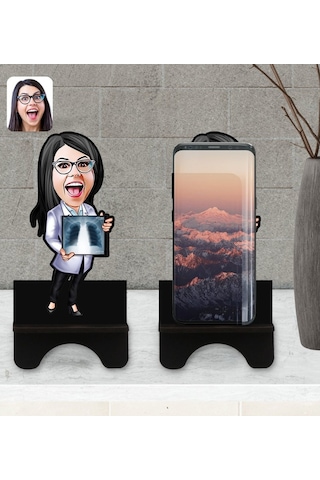 Kişiye Özel Kadın Radyolojist Karikatürlü Ahşap Biblo Telefon Sta
