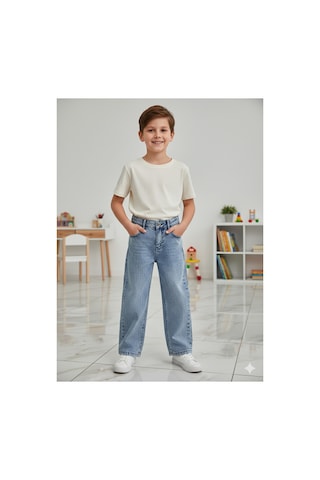 Erdem Kıds Erkek Çocuk Pamuklu Beli Lastikli Baggy Jean Pantolon Rahat Kalıp Geniş Bol Paça Kot Pantolon Buz Mavi Buz Mavi