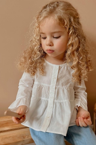 Oliventhekid Beyaz Vual Önden Düğmeli Robadan Büzgülü Kol Ucu Fırfırlı Kız Çocuk Gömlek Beyaz Beyaz