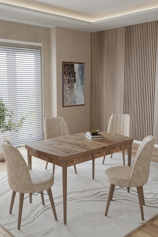 Toce Home Helmo Serisi 80x130 Açılır Masa Yemek Odası Takımı, Mutfak Takımı 4 Adet Sandalye Model:helmo213 Bej