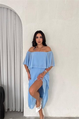 Neşeli Butik Kadın Madonna Yaka Piliseli Şifon Elbise Nbk2099 Bebe Mavisi