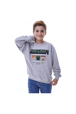 Minecraft Baskılı Erkek Çocuk Sweatshirt Gri Gamer Oyun Temalı Gri