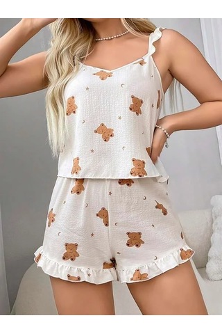 Atyticaret Kadın Pamuklu Ayıcık Desen Fırfırlı Askılı Şortlu Pijama Takımı Görsel