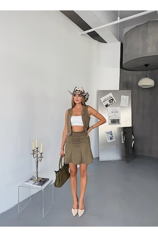 Kadın Suni Süet A Kesim Esnek Mini Etek Haki