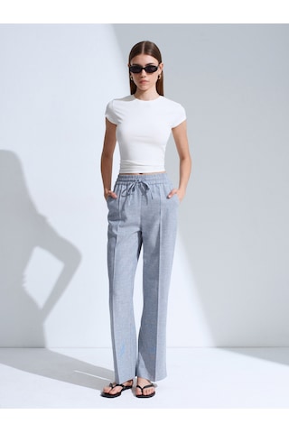 Dilvin 72730 Keten Karışımlı Bağcıklı Pantolon-mavi