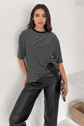 Noa & Noa Kadın Oversize Çizgili Tişört Monochrome Ease Siyah