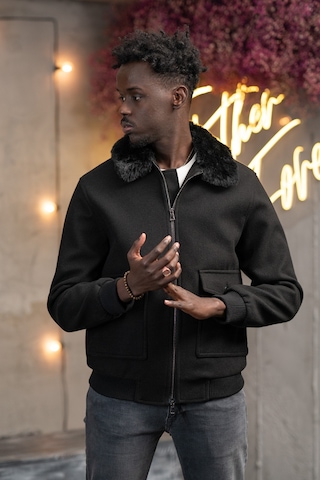 Slimfit Kürklü Sabit Yaka Beli Lastikli Astarlı Kaşe Mont Siyah