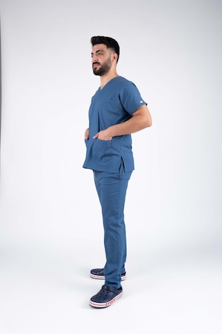 İndigo Mavi Likralı Erkek Hemşire Ve Doktor Forması Takımı Scrubs Hastane Üniforması