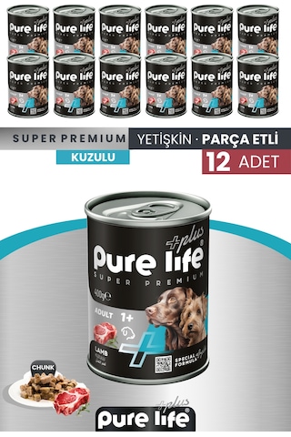 Pure Life Plus 12'li Sığır Yetişkin Konserve Chunk Parça Etli Yaş Mama 400 G