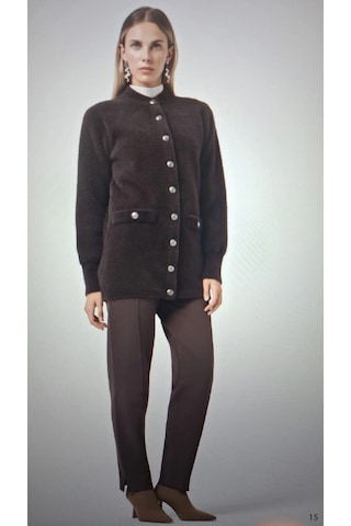 Nuss 7008 Sahte Cep Detay Düğmeli Angora Hırka - Kahve Kahverengi