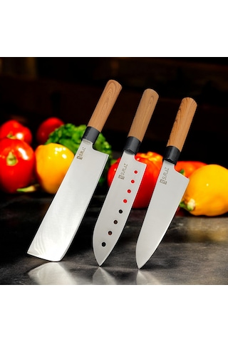 4 Parça Deri Çantalı Şef Bıçağı Bıçak Seti Hediyelik Bıçak Kahve