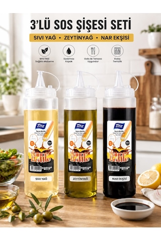 Titiz 3 Lü 700 Ml Sos Şişesi Seti Sızdırmaz Kapaklı Sarı Kırmızı Beyaz Şeffaf