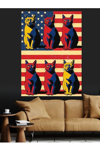 Renkli Kedi Pop Art Dekoratif Kanvas - Mdf Ahşap Tablo