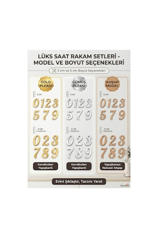 Lüks Saat Rakam Seti Gold, Gümüş Pleksi & Ahşap Modellere Özel - 3 Cm Ve 5 Cm Kendin Yap Saat Rakamları 6'lı Set