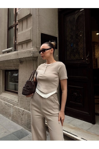 Düğme Yakalı Bej Alt Üst Takım S3943 Bej