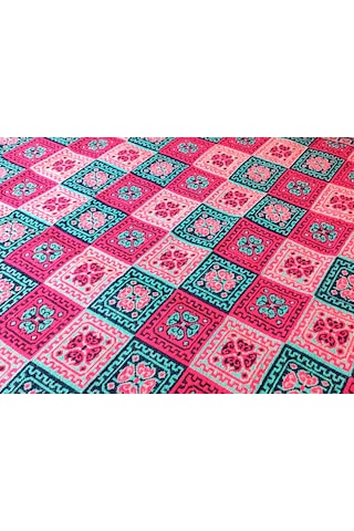 Çift Taraflı 3 Mekik Karo Desen Pamuklu Makine Dokuma Kilim Kırmızı - Yeşil - Siyah