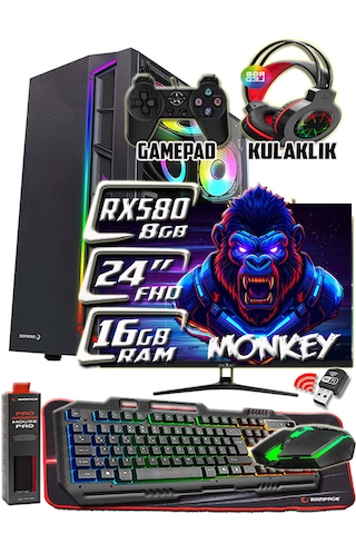 Warbox Monkey Xeon X5650 16 GB 256 GB SSD + 250 GB HDD RX580 8 GB 24" W10P Masaüstü Bilgisayar