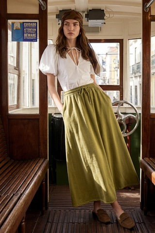 Olcay Beli Lastikli Soft Denim Etek Yağ Yeşili 7068