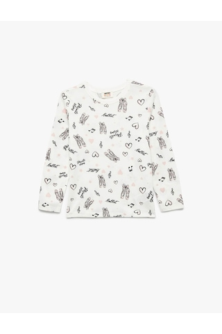 Koton Bisiklet Yaka Bale Baskılı Ekru Kız Çocuk Uzun Kollu T-shirt 6wkg10140ak Ekru