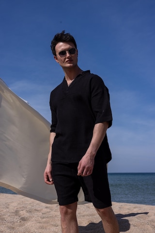 Siyah Renk V Yaka Gömlek Şort Erkek Yıkamalı Keten Takım-1741 Siyah