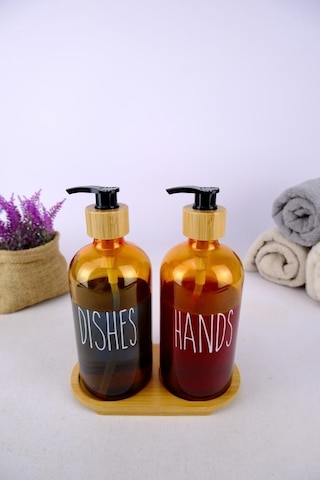 Digithome 2 Li Ahşap Standlı Cam Sıvı Sabun Ve Bulaşık Deterjanı Şişesi Sabunluk Amber 500 Ml - D/11 C1-1-289
