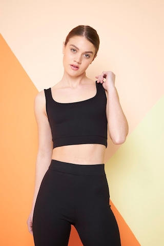 Yeşil Fitilli Kare Yaka Esnek Örme Crop Büstiyer Atlet Siyah