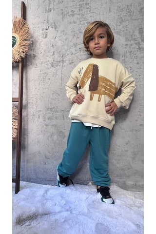 Cg Kids Dog Temalı Mükemmel Baskı Renk Kalitesi Erkek Çocuk 3 İplik Alt Üst Takım Mint Yeşili