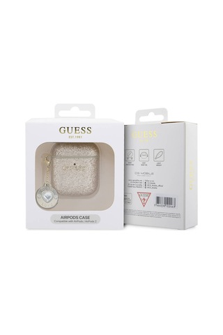 Apple Uyumlu AirPods Kılıf Guess Lisanslı Glitter Elmas Kalp Süs Zincirli Gold