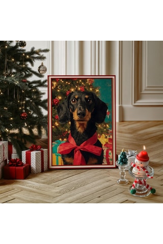 Sevimli Köpek Noel Duvar Sanatı, Kırmızı Fiyonklu Şenlikli Tatil