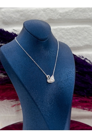 925 Ayar Gümüş Mosanite Taşlı Kuğu Modeli Aşk Temalı Zarif Kadın Kolye Gümüş