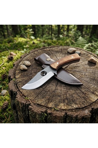 Knivox El Yapımı Geyik Motifli Avcı Bıçağı - Doğal Ahşap Kabza Deri Kılıflı Kamp Bıçağı Çok Renkli