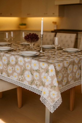 Lüks Papatya Masa Örtüsü - Dantel Süslemeli Modern Tasarım Leke Tutmaz Su Geçirmez Çok Renkli