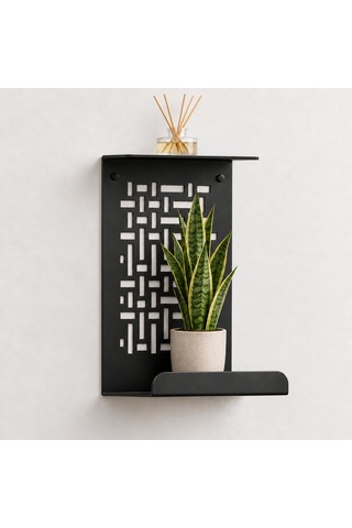 Geometrik Metal Duvar Rafı, Bitkiler Ve Küçük Dekorlar İçin İki Katlı Sergileme Rafı Siyah