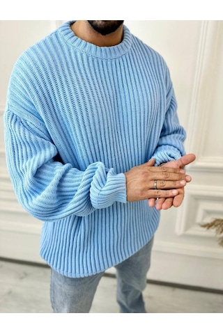 Elku Moda Oversize Kazak Bol Kesim Tüylenmeyen Salaş Triko Kazak Mavi