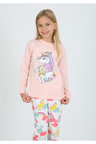 Kız Çocuk Uzun Kollu %100 Pamuklu Pijama Takımı Happines Somon SOMON