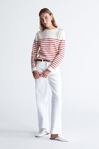 Styleboom X Peraluna Audrey Pullover Omzu Düğmeli Çizgili Organik Pamuk Mevsimlik Kadın Triko Kazak Ekru/kırmızı-ekru Ekru