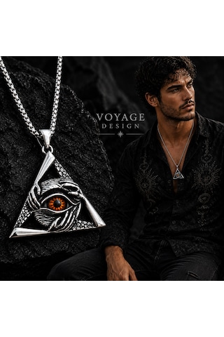 Paslanmaz Çelik Gotik Tasarım Triangle Gizemli Göz Üçgen Kolye Kırmızı