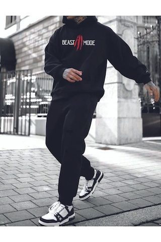 Beast Mode Eşofman Takımı Sweatshirt Jogger - Siyah Baskılı Oversize Şardonlu Kapüşonlu Siyah