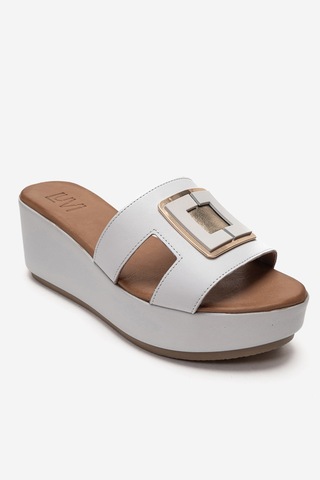 Luvishoes Hıola Beyaz Hakiki Deri Tokalı Kadın Dolgu Topuklu Terlik