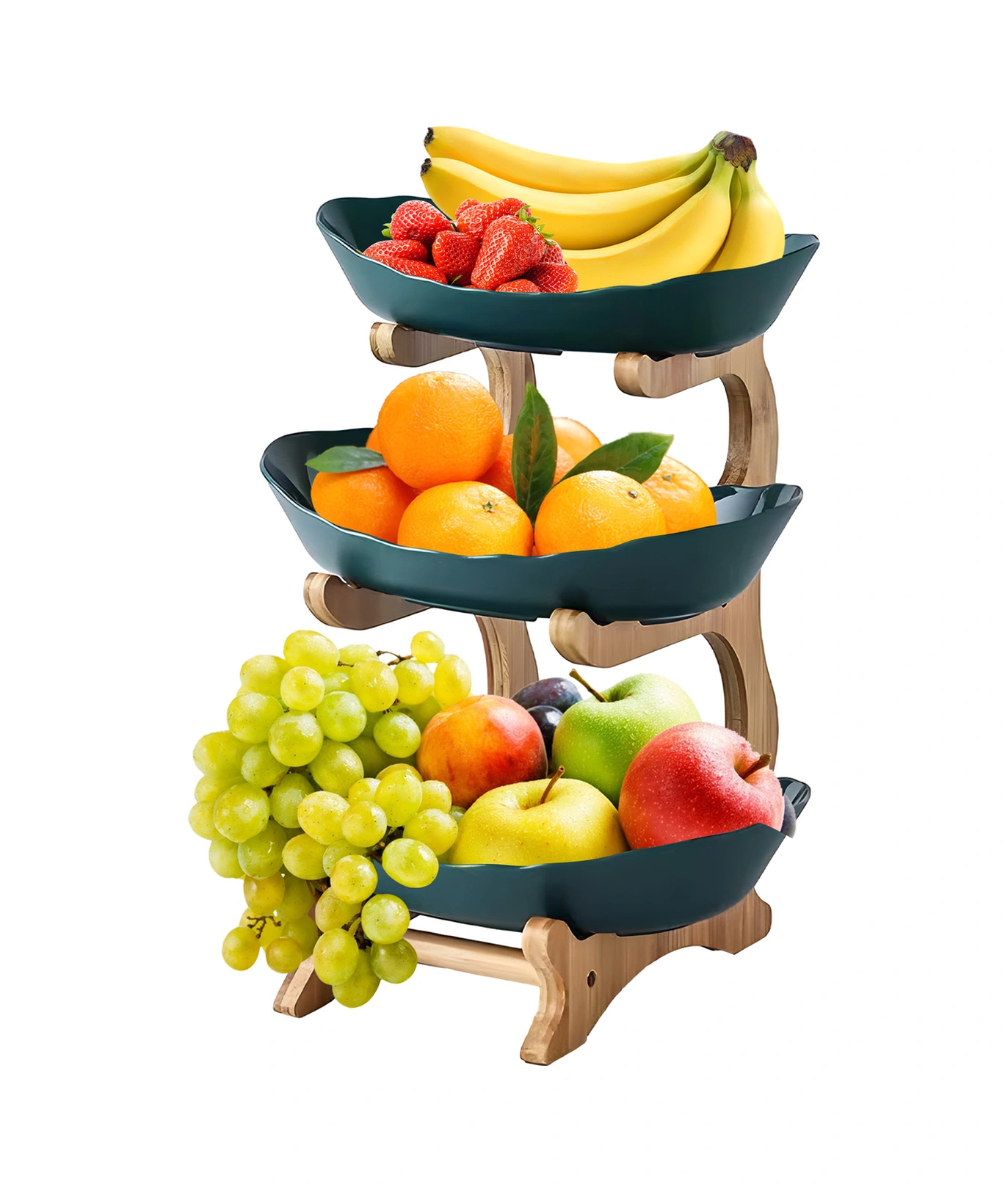 Geeksen Koyu Yeşil 3 Katlı Bambü Plastik Mutfak Sepeti - Meyve, Atıştırmalık, Tatlı Serim Panosu - Oturma Odası, Çay Masası Dekoratif Sunum Rafı Koyu Yeşil