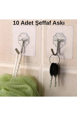 10 Lu Şeffaf Yapışkanlı Duvar Askısı, Kendinden Yapışkanlı Güçlü Kanca Çok Amaçlı Şeffaf