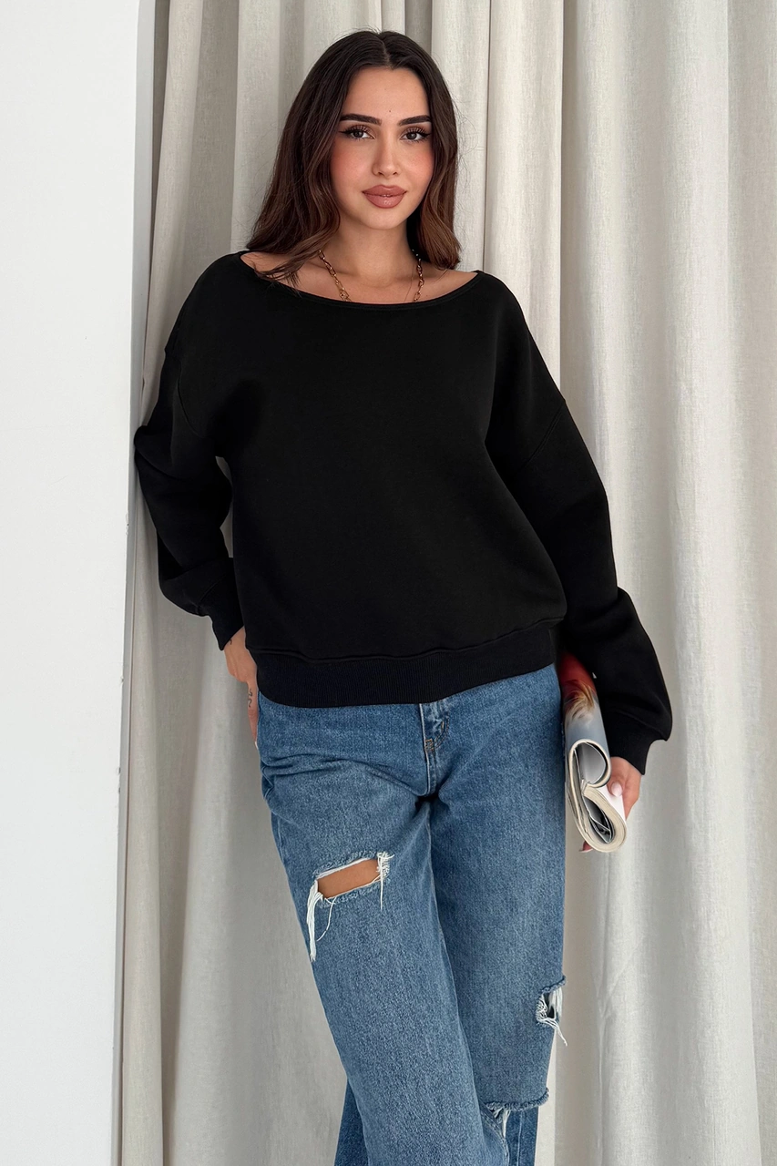 Noa & Noa Kadın Omuz Detaylı Polar Sweatshirt Rahat & Feminen Stil Siyah
