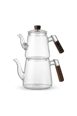 1000 Ml + 750 Ml Akasya Ahşap Kulplu Cam Çaydanlık Takımı - Isıya Dayanıklı Borosilikat Pürüzsüz Şeffaf Tasarım, Yaylı Süzgeçli Lüks Çaydanlık Çok Renkli
